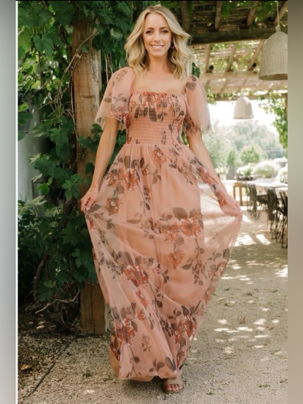 Baltic Born Blush/Peach Floral Smocked Cassandra Maxi Dress with Tulle Overlay